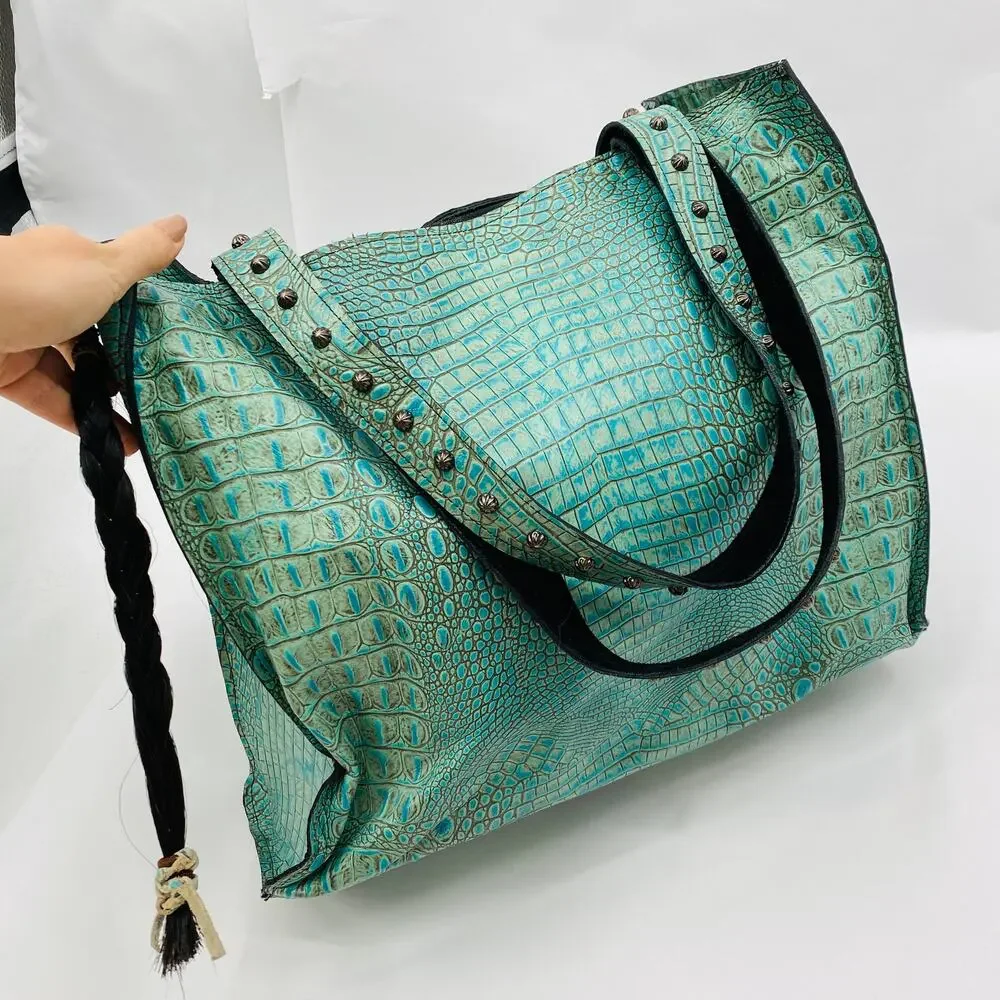 Arohoe turquoise crocodile leather studded southwestern tote bag